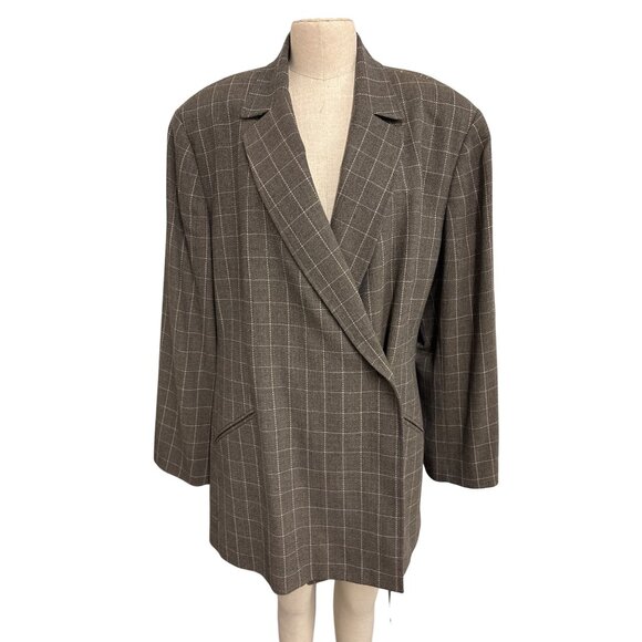 Anne Klein II Womens Brown Plaid Wool Blazer 24W Double-Breasted Tall Plus - Picture 1 of 16